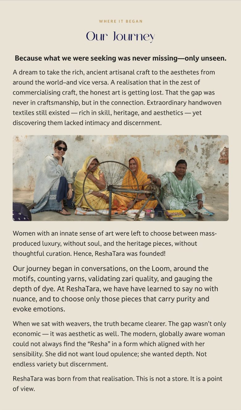 Our Journey: the founding story beside a photo of weavers at a spinning wheel