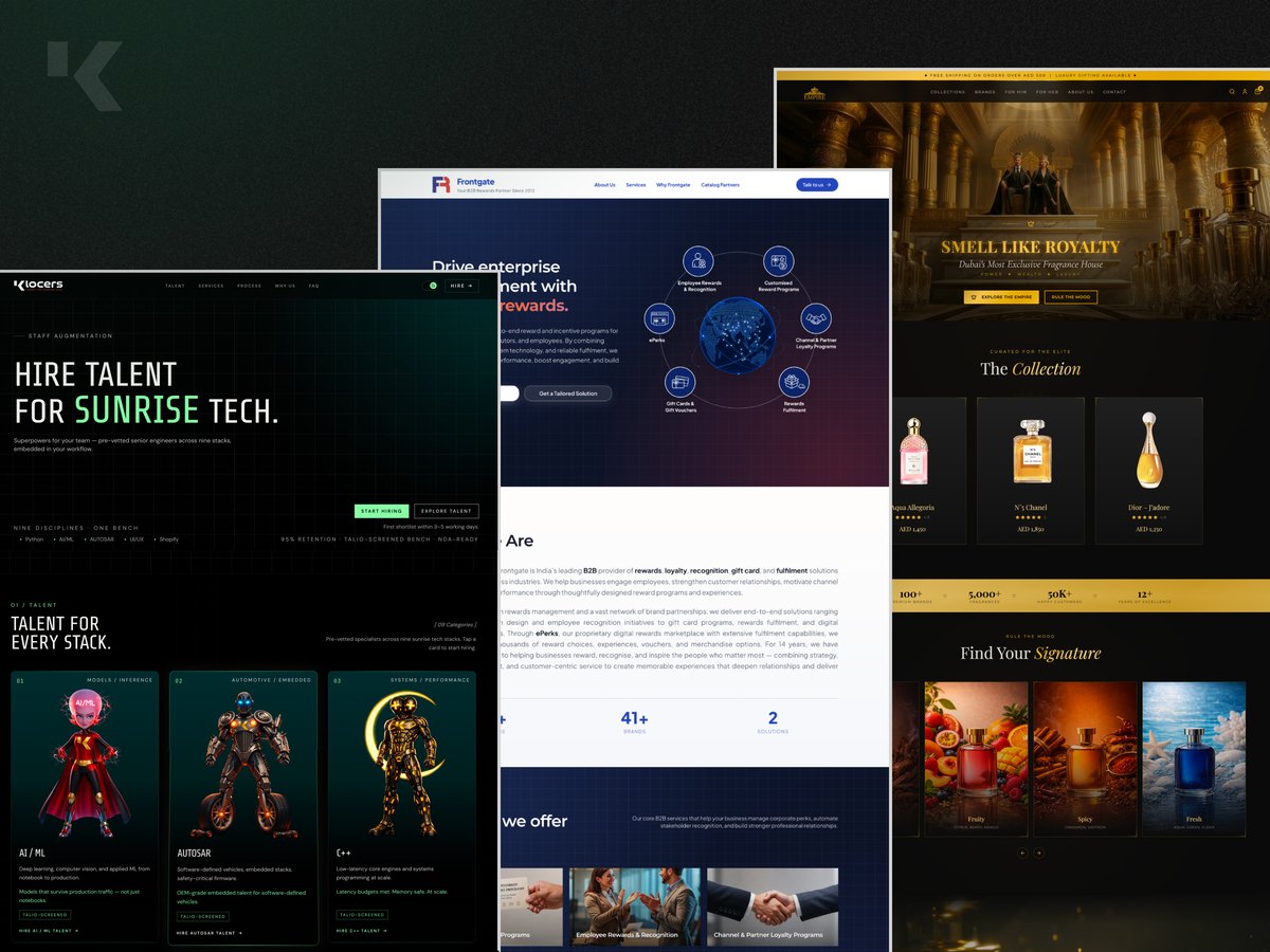 Three client websites Anju designed at KLoc Technologies: a tech staffing site, a B2B rewards platform and a luxury fragrance store