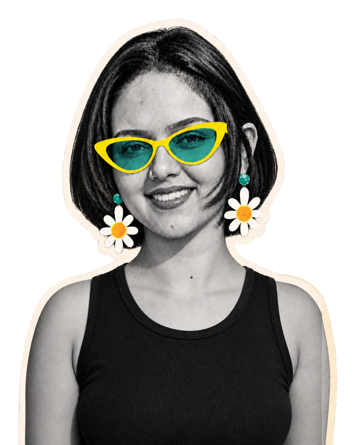 Anju, smiling, in yellow cat-eye sunglasses and daisy earrings