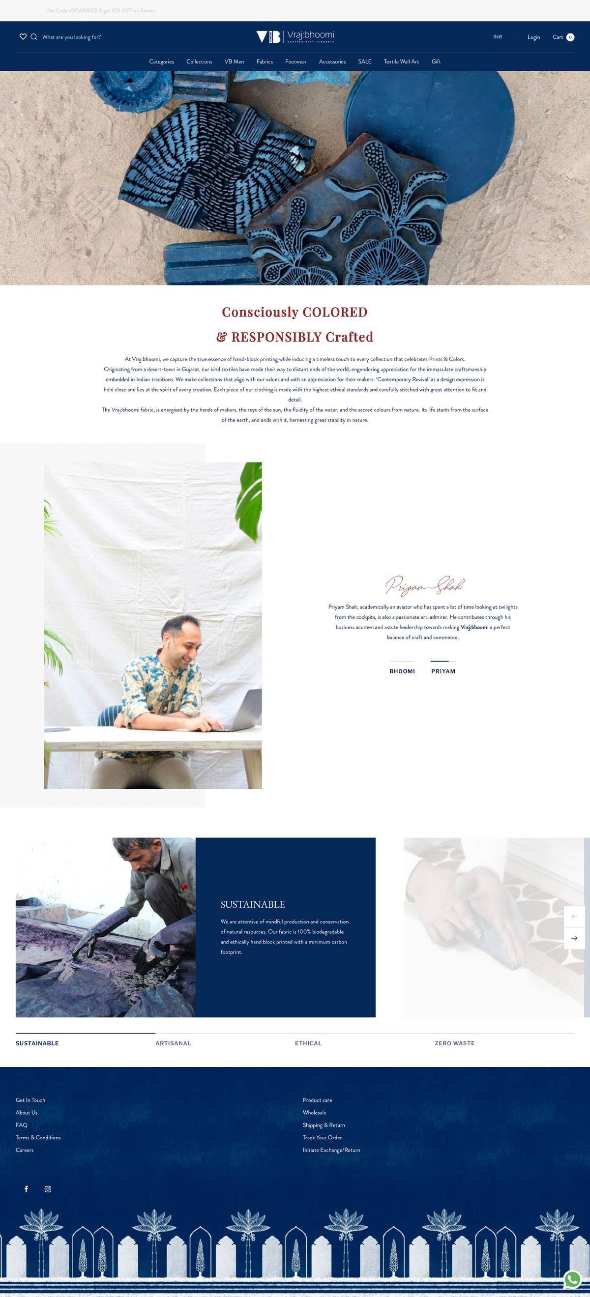 Vraj:bhoomi About us page, from the hand-carved block hero through the founders, craft values and studio