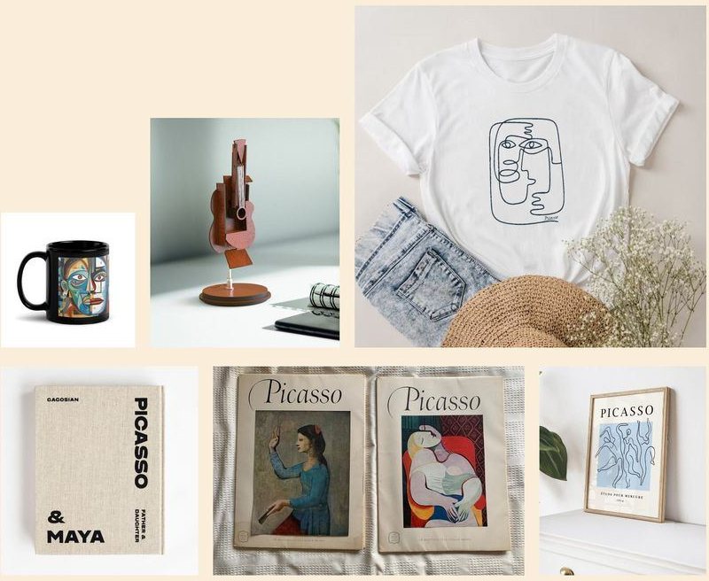 Store products: a mug, a sculpture, a line-art T-shirt, books and a print