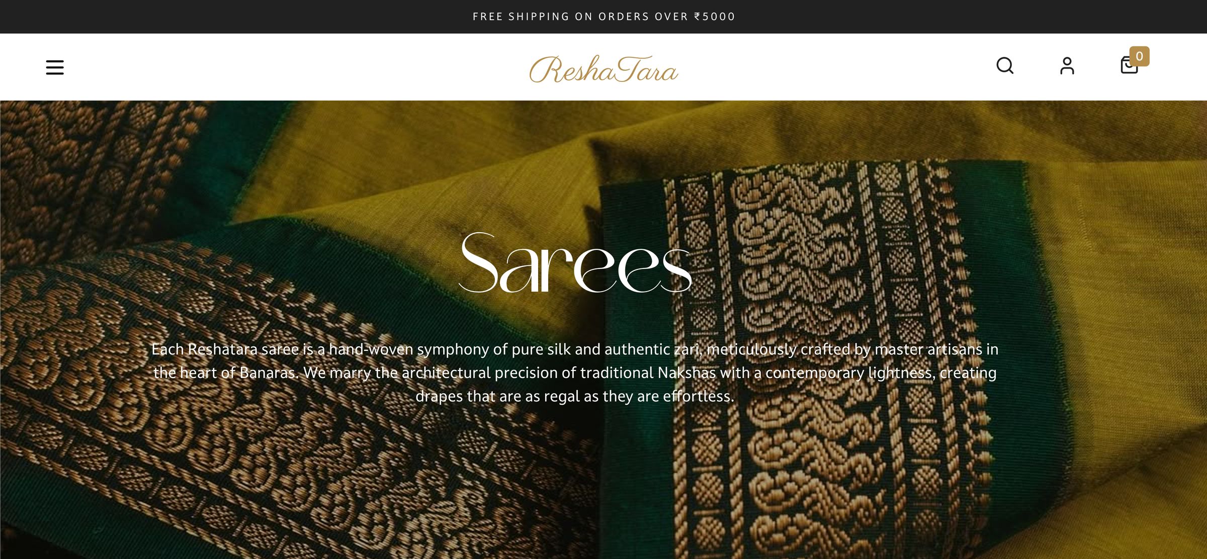 ReshaTara header and the Sarees banner: the category name over a close-up of a zari border