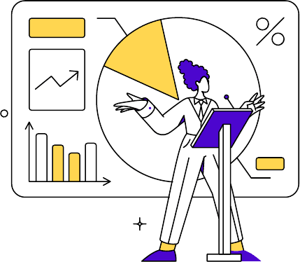Illustration: a designer presenting charts at a lectern
