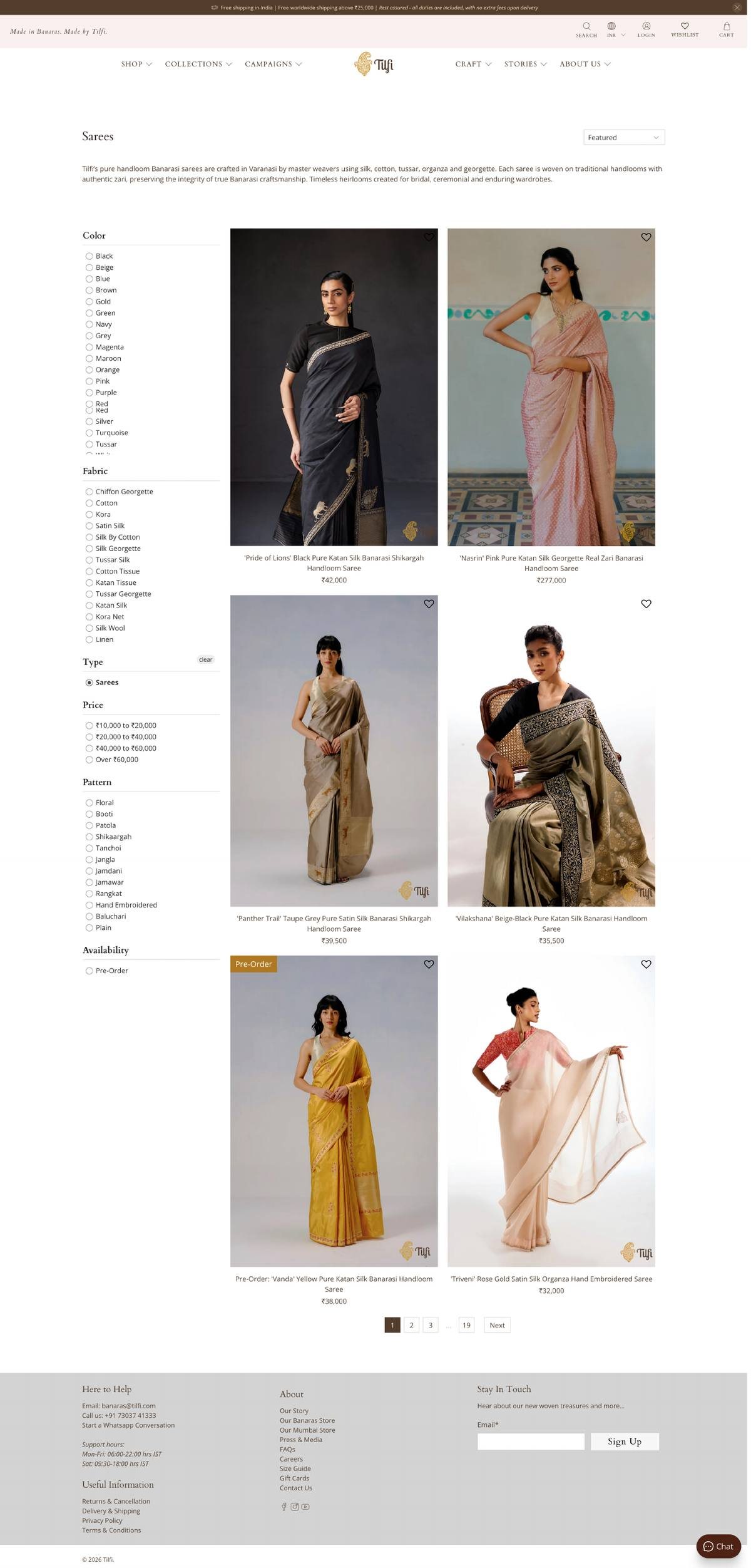 Tilfi sarees collection page: filters on the left and a two-column grid of full-length styled saree photographs with short names and prices