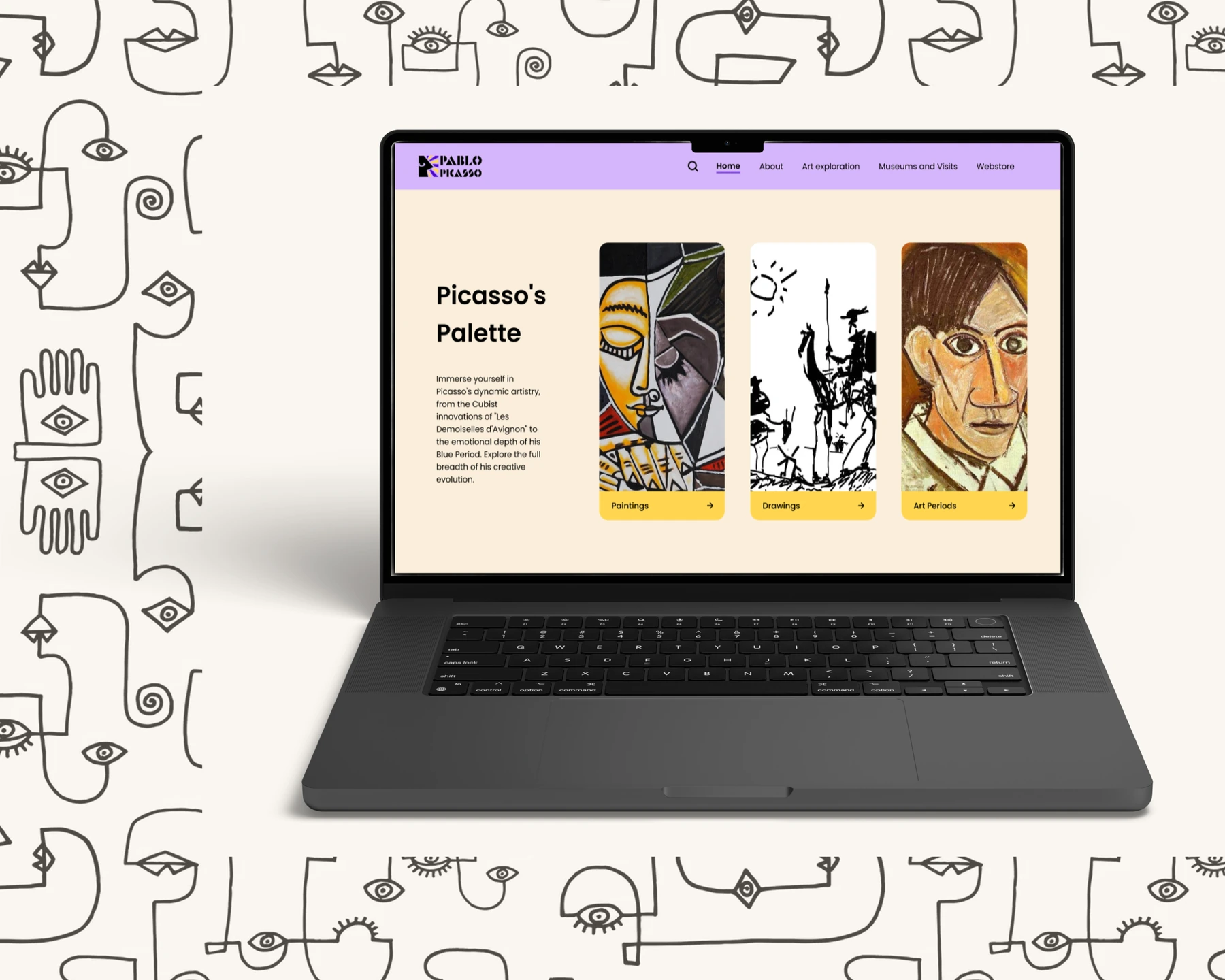 A Pablo Picasso website redesign on a laptop: Picasso’s Palette with paintings, drawings and art periods